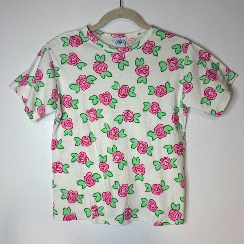 Vintage Cartoon Floral Rose Print Babydoll T-Shirt 90s 1990s Girly Grunge